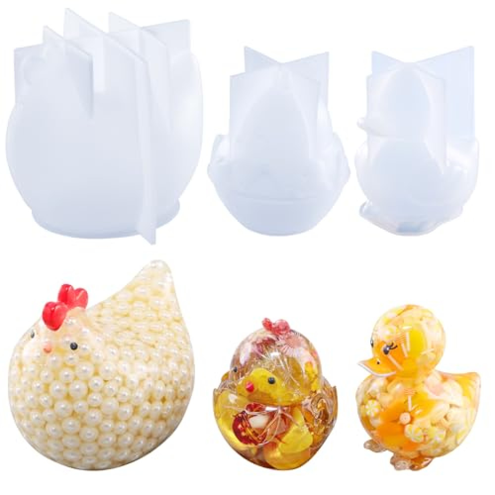 LET’S Resin 3pcs Animal Resin Molds, Large 3D Chicken & Duck Resin Molds Silicone, Flexible Effortless Demoldable Epoxy Molds for Resin Casting, Soap, Candle, Flowers Preservation, Chicken Decor