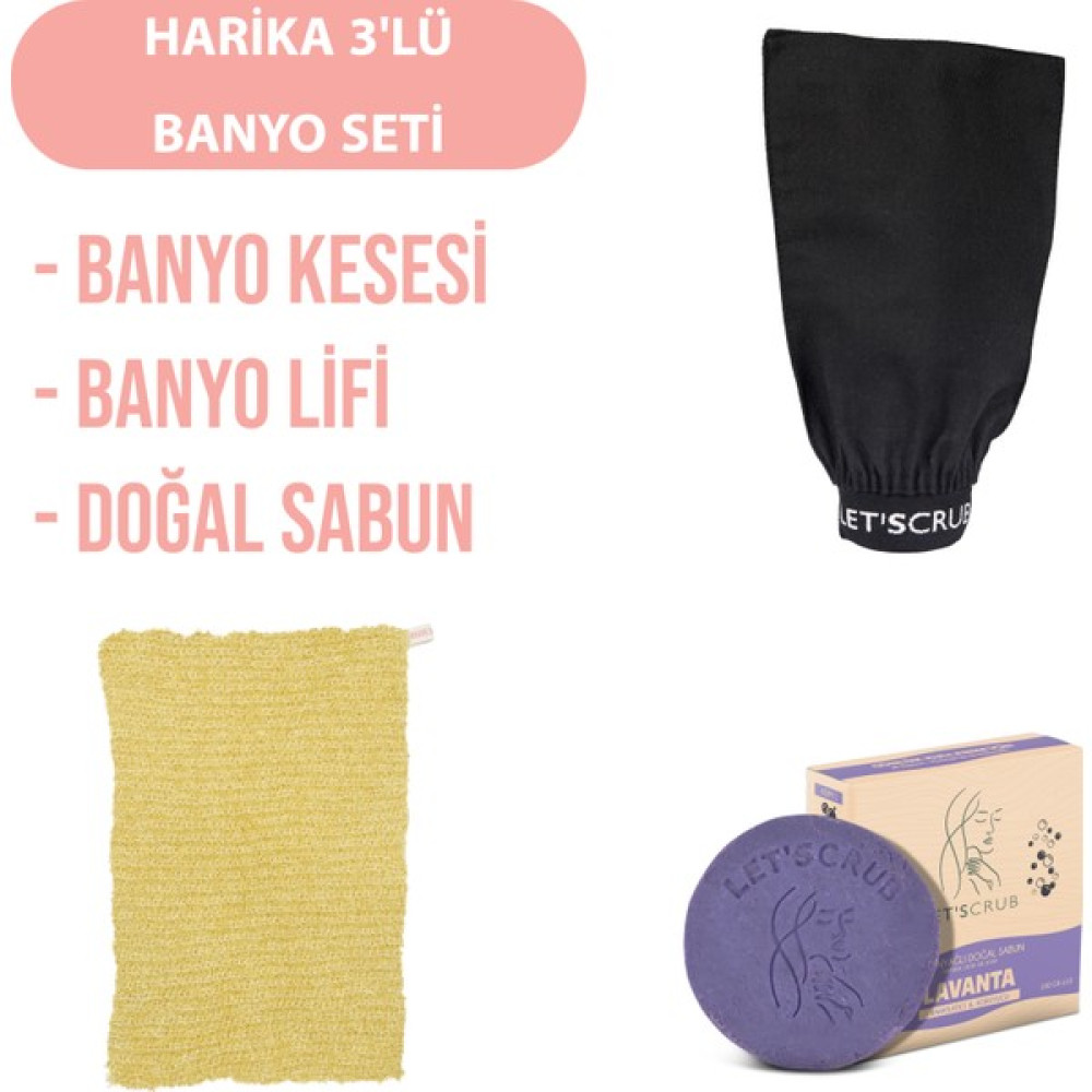 Let'scrub Harika 3'lü Banyo Seti - Siyah Banyo Kesesi-Lavanta Kokulu Doğal Sabun- Sarı Banyo Lifi Vücut Bakım Setleri Fiyatı
