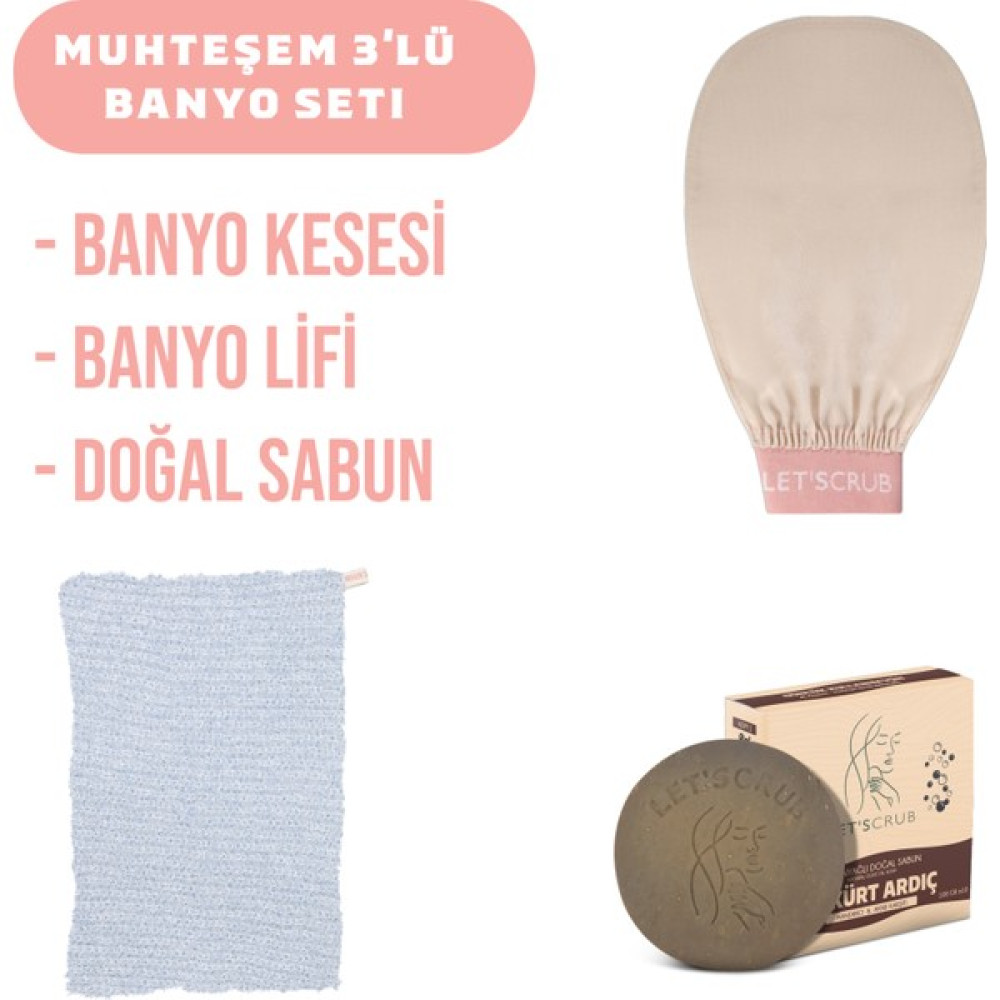Let'scrub Muhteşem 3'lü Banyo Seti - Bej Banyo Kesesi- Kükürt Ardıç Doğal Sabun-Mavi Banyo Lifi Vücut Bakım Setleri Fiyatı