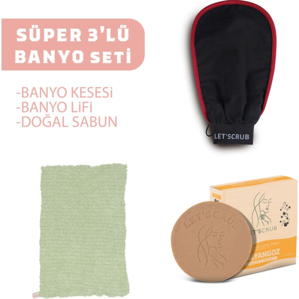 Let'scrub Süper 3'lü Banyo Seti Siyah Banyo Kesesi-Doğal Salyangoz Sabunu-Yeşil Banyo Lifi Vücut Bakım Setleri Fiyatı