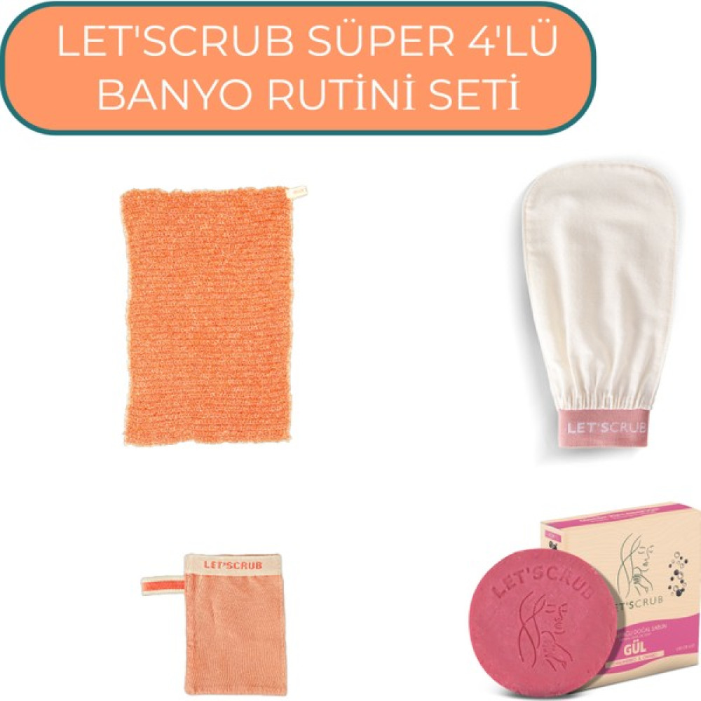 Let'scrub Süper 4'lü Banyo Rutini Seti 2- Ekru Banyo Kesesi, Gül Özlü Sabun, Yüz Kesesi, Banyo Lifi Sabunlar Fiyatı