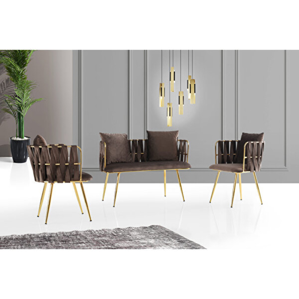 Levent Mobilya ve Aksesuar Lizbon Çay Seti 2+1+1, Gold, Kahve Koltuk Takımı / Seti Fiyatı