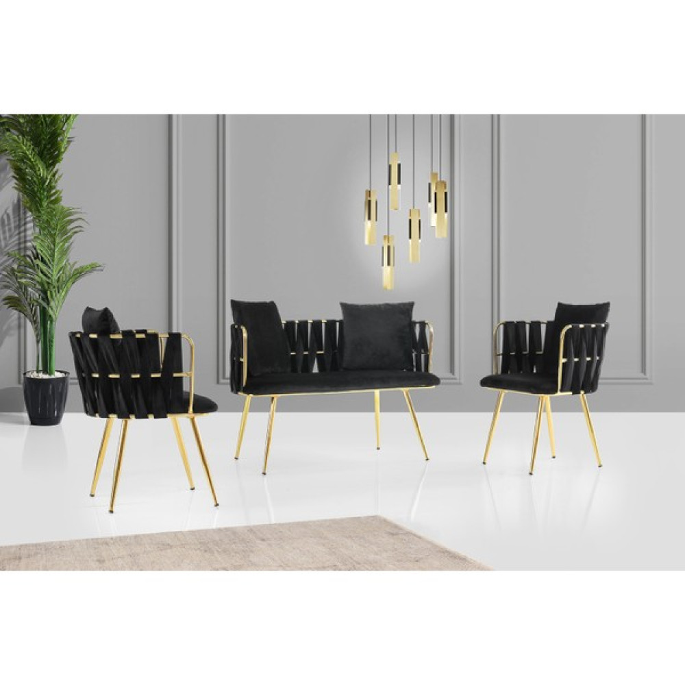 Levent Mobilya ve Aksesuar Lizbon Çay Seti 2+1+1, Gold, Siyah Koltuk Takımı / Seti Fiyatı