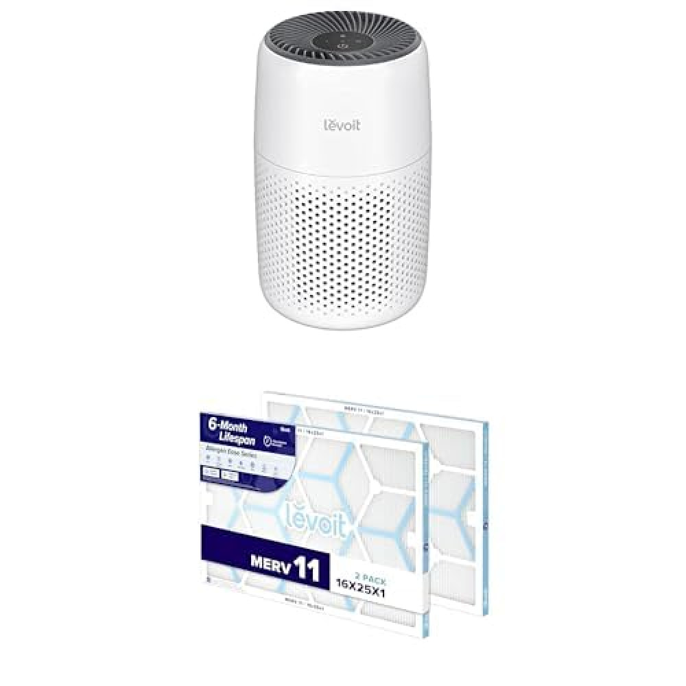 LEVOIT Air Purifiers for Bedroom Home, Core Mini-P, White + LEVOIT 16x25x1 AC Furnace Air Filter, MERV 11, 6-Month Pleated 1-Inch Electrostatic Air Cleaning Filter, 2 Pack