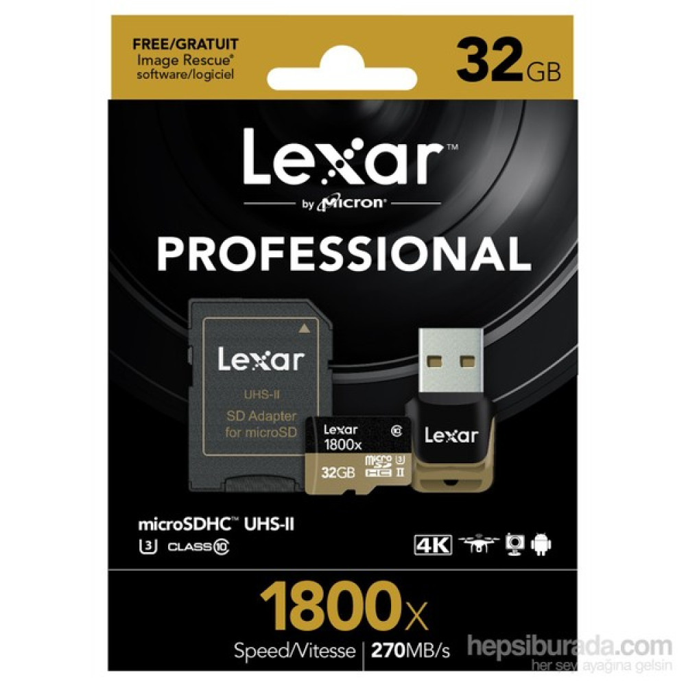 Lexar 32Gb Microsdhc 1800X Uhs-Iı 270Mb/Sn.Usb 3.0Reader & Sdhc Adapter (C10) U3 Hafıza Kartı Hafıza Kartları Fiyatı