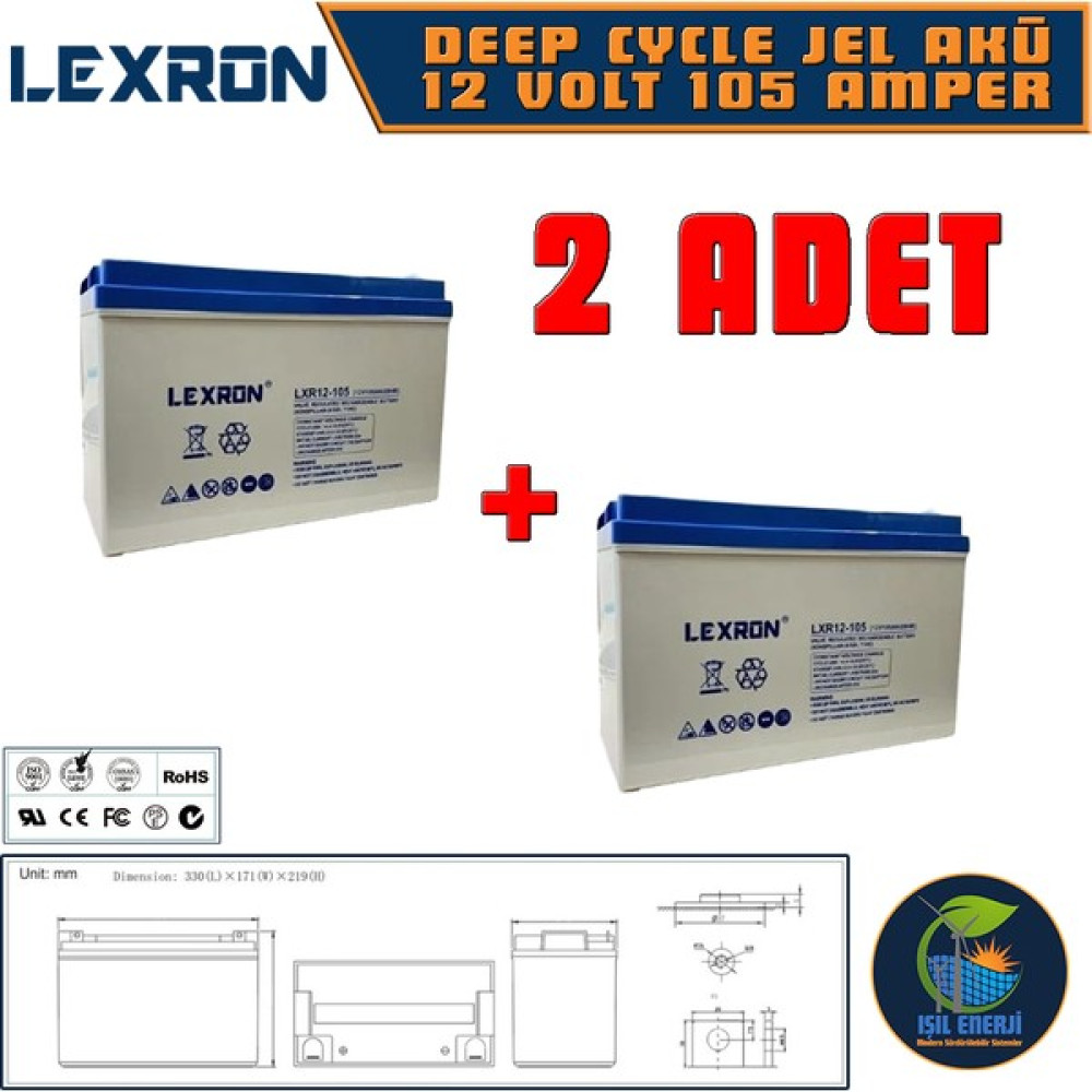Lexron 12V 105 Ah Solar Jel Akü - 12 Volt 105 Amper Solar Jel Akü - 2 Adet Akü Fiyatı
