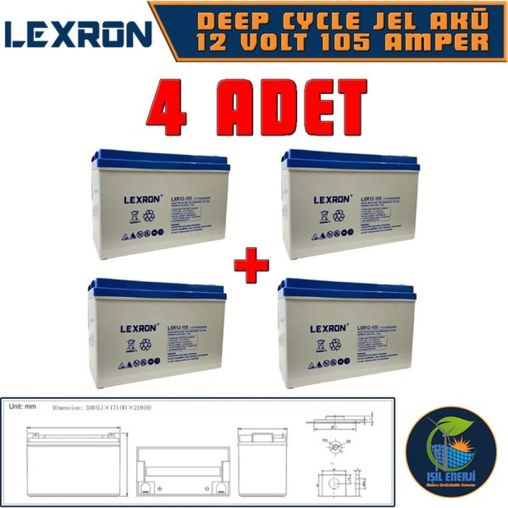Lexron 12V 105 Ah Solar Jel Akü - 12 Volt 105 Amper Solar Jel Akü - 4 Adet Akü Fiyatı