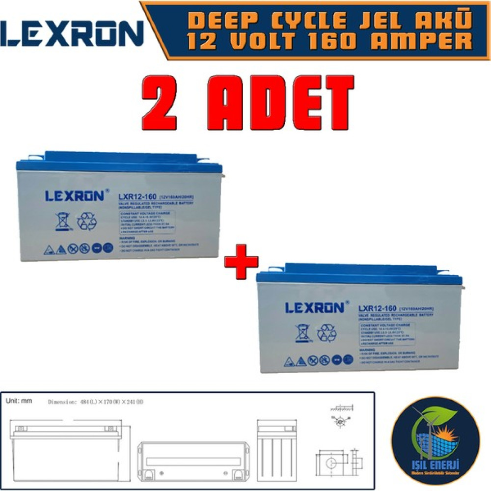 Lexron 12V 160 Ah Solar Jel Akü - 12 Volt 160 Amper Solar Jel Akü - 2 Adet Akü Fiyatı