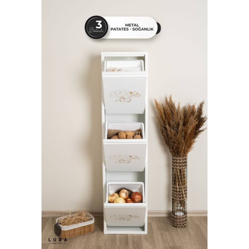 Leyl 3 Katlı 3 Bölmeli Beyaz Baskılı Metal Sebzelik – 143 x 26 x 34 cm Çok Amaçlı Dolap - 3katlı Saklama Kapları Fiyatı