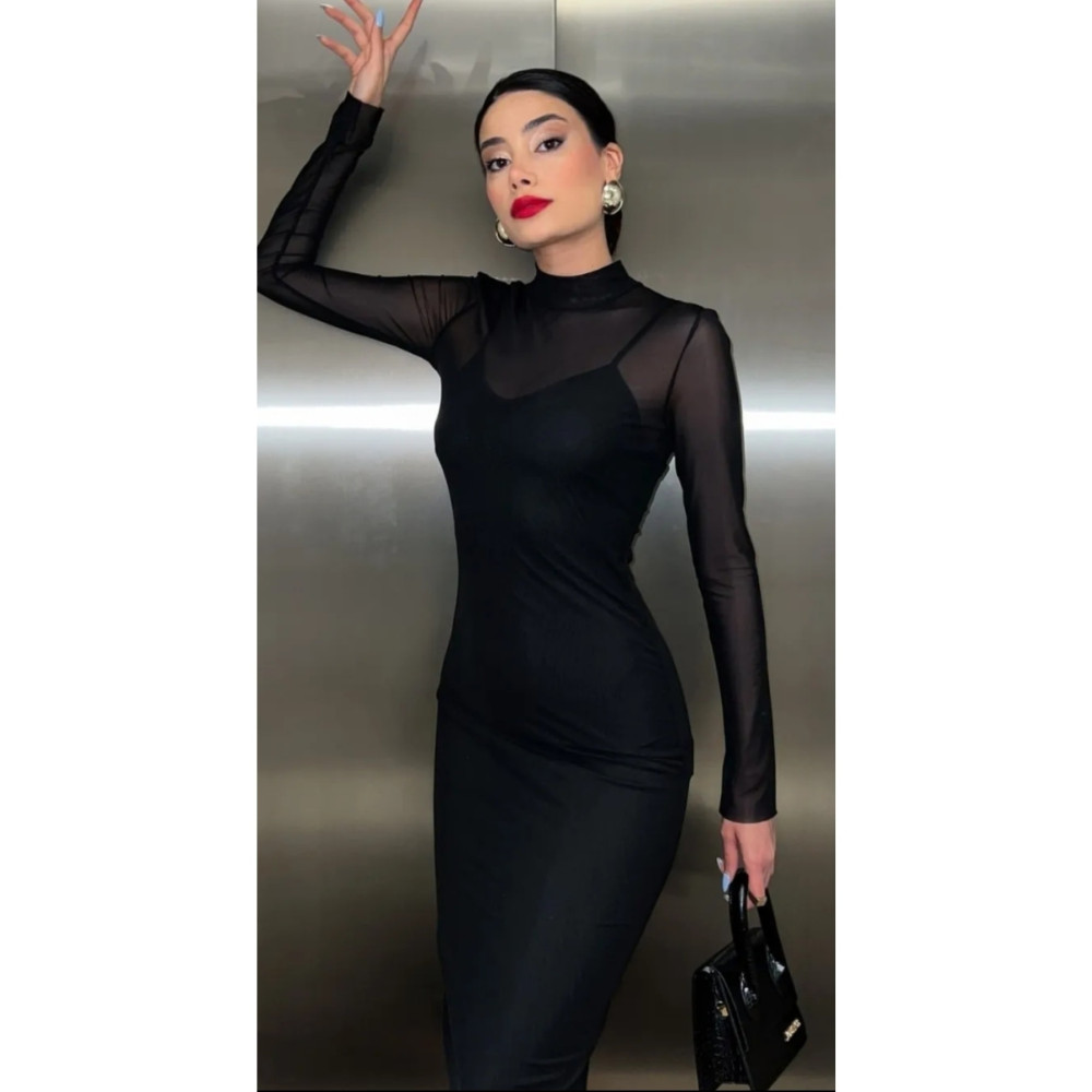 LEYLA SAĞLAM Kadın Siyah Astarlı Yarım balıkçı yaka Uzun kol Tüllü Elbise S Beden Elbise Fiyatı