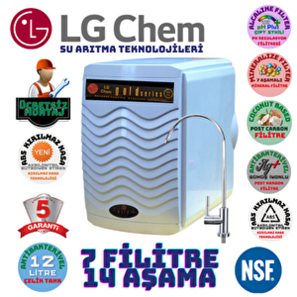 Lg Chem Gold Beyaz ABS KIRILMAZ KASA Montaj Dahi̇l 12 Li̇tre 7 Fi̇li̇tre 14 Aşama Su Aritma Ci̇hazi. Su Arıtma Cihazı Fiyatı