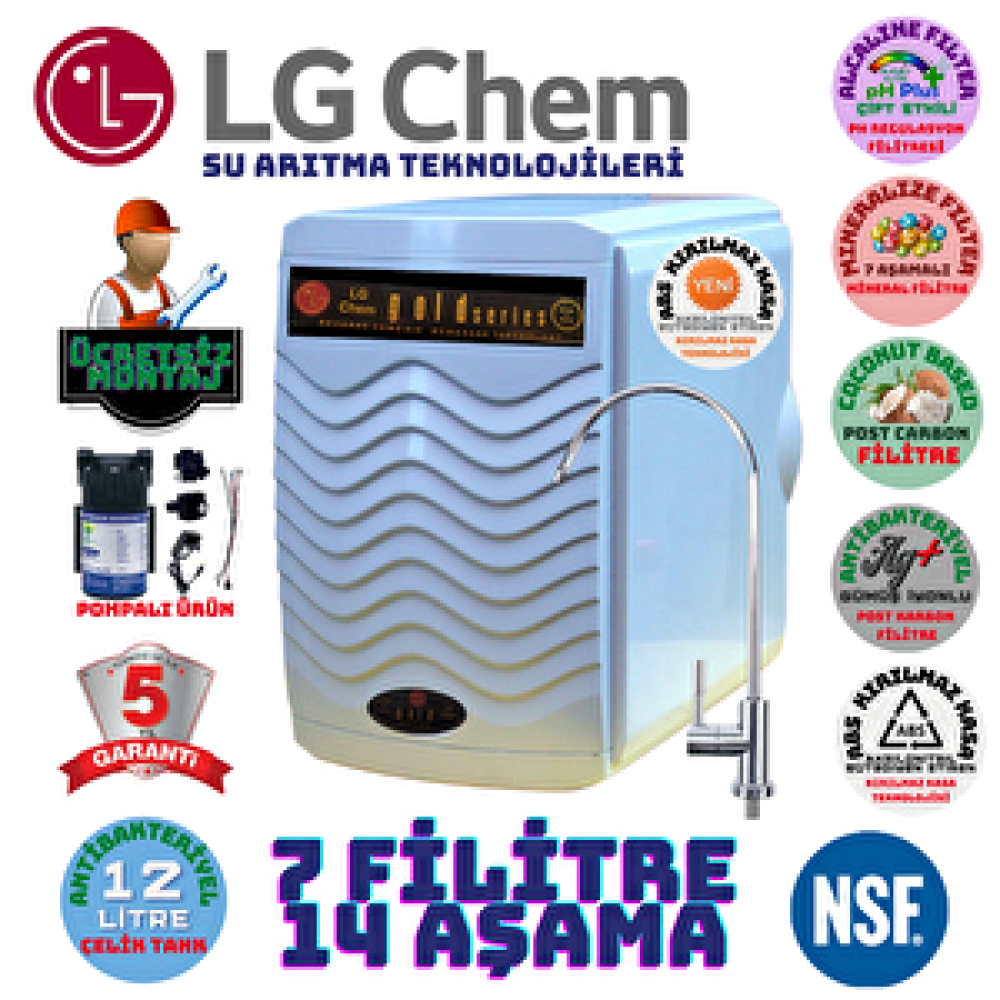 Lg Chem Gold Beyaz Renk ABS KIRILMAZ KASA Pompali Montaj Dahi̇l 12 Li̇tre 7 Fi̇li̇tre 14 Aşama Su Aritma Ci̇hazi. Su Arıtma Cihazı Fiyatı