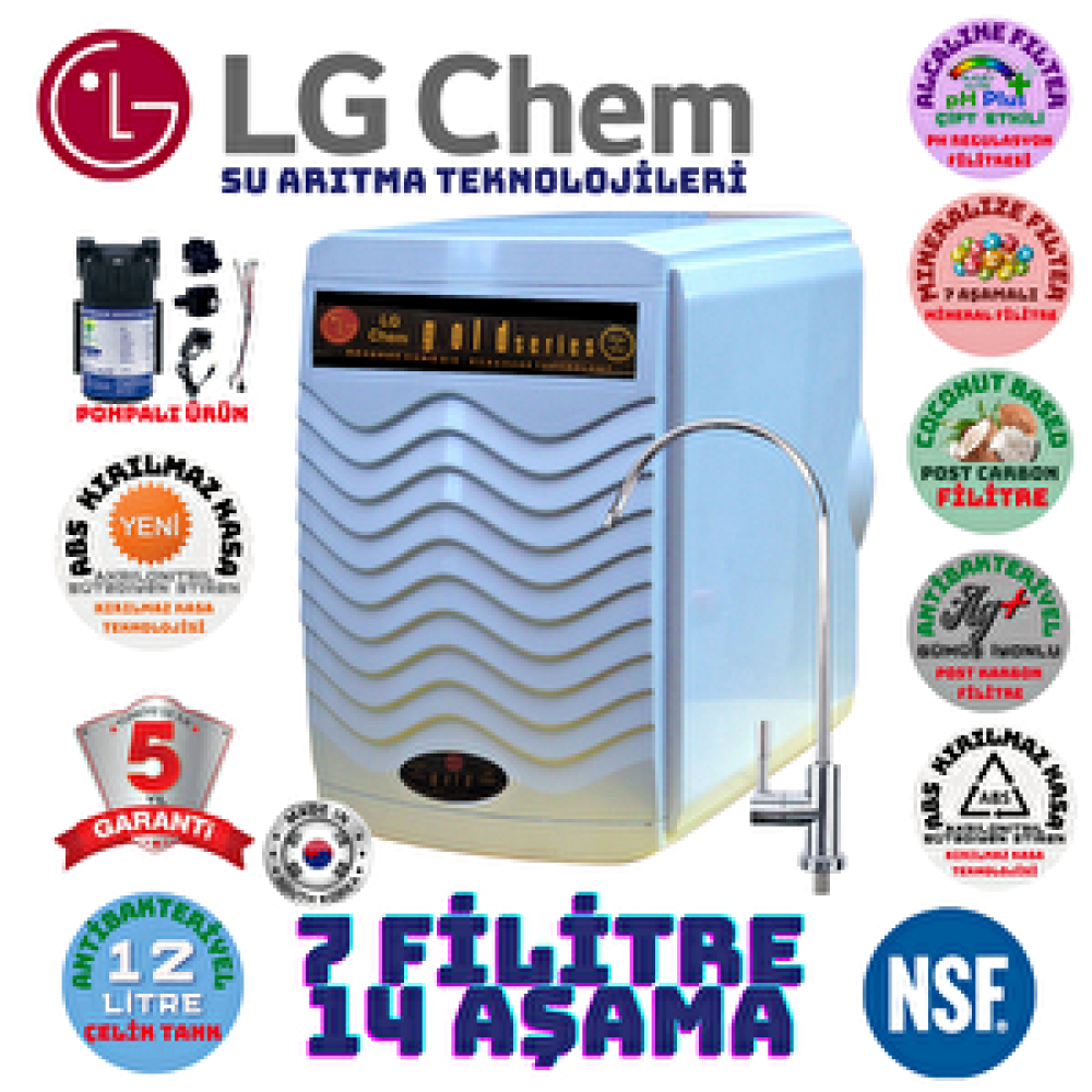 Lg Chem Gold Pompali Beyaz Renk ABS KIRILMAZ KASA 14 Aşama 7 Fi̇li̇tre 12 Li̇treli̇k Su Aritma Ci̇hazi Su Arıtma Cihazı Fiyatı