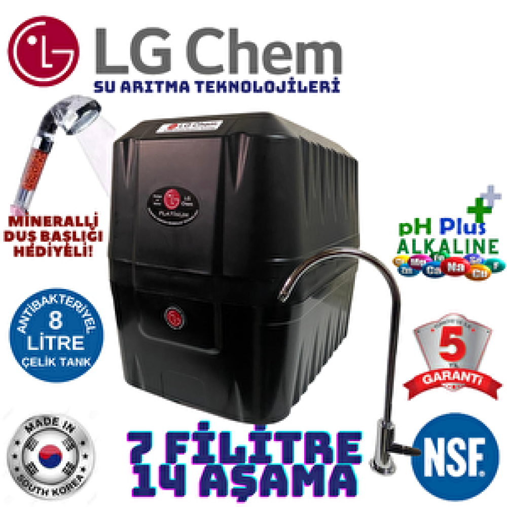 Lg Chem Platinum Si̇yah  7 Fi̇li̇tre 14 Aşama Mi̇neral Ve Alkali̇ Ph Fi̇li̇treli̇ Su Aritma Ci̇hazi Duş Başliği Hedi̇ye. Su Arıtma Cihazı Fiyatı