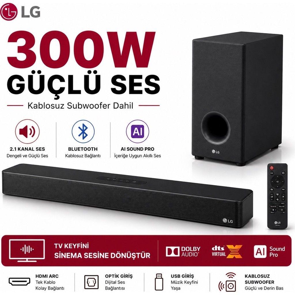 Lg Subwoofer Dahil 300 W Ultra Ses Güçlü 2.1 Kanal Yapay Zeka Destekli Akıllı Bluetooth Soundbar Televizyon Ses Sistemi - Siyah Bluetooth Hoparlör Fiyatı