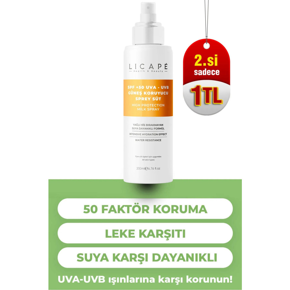 Licape Spf 50 Faktör Uva - Uvb Güneş Koruyucu Sprey Süt 200ml Güneş Kremleri ve Losyonları Fiyatı