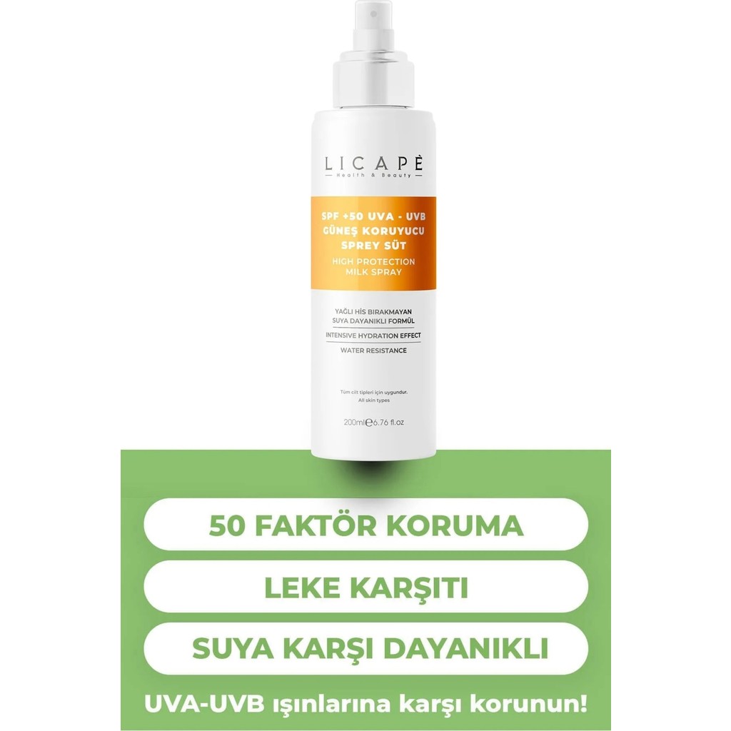Licape SPF 50 Güneş Koruyucu Sprey Süt Tüm Cilt Tipleri İçin Yüksek Koruma 200 ml Güneş Kremleri ve Losyonları Fiyatı