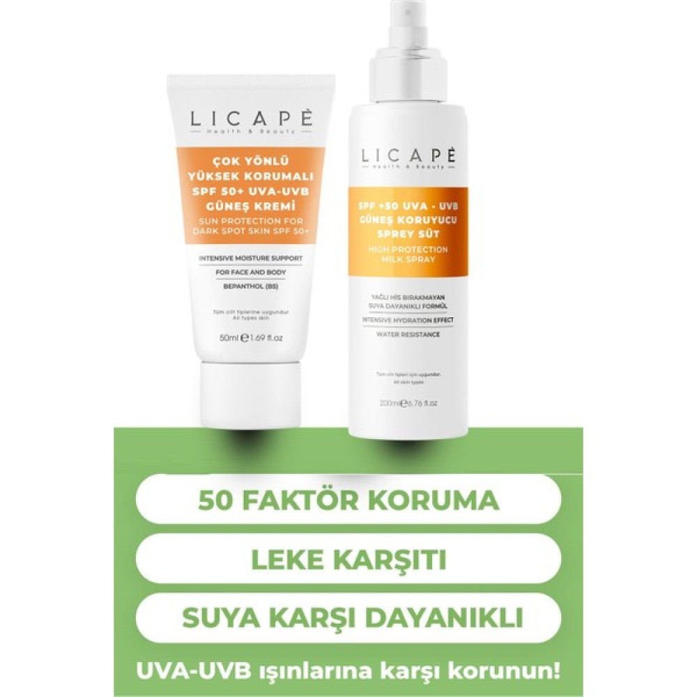 Licape SPF50+ Güneş Koruyucu Sprey Süt 200ML + SPF50+ Güneş Kremi 50 ml Güneş Kremleri ve Losyonları Fiyatı