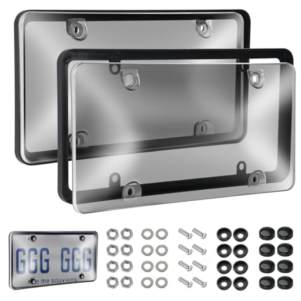 License Plate Covers & Frames, 2 Pack Black License Plate Covers and Frames Combo, Plastic Car Front/Rear License Plate Covers ith Screws Caps, Universal Car Accessories for Most Cars