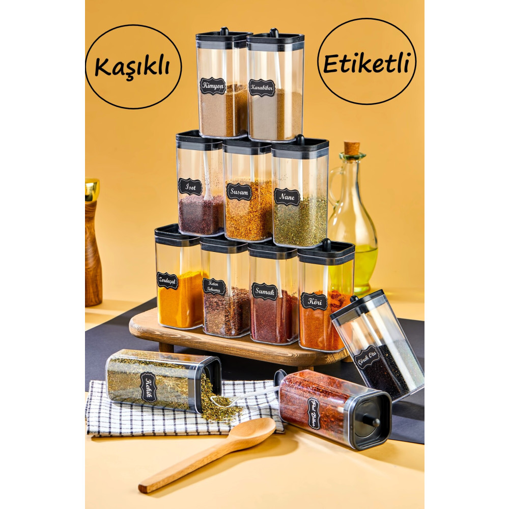 LİDER TİCARET 12li Kapağı Kendinden Kaşıklı Ve Etiketli Mika Baharatlık Seti 300 ml Akrilik Baharat Takımı Baharat Setleri & Baharatlıklar Fiyatı