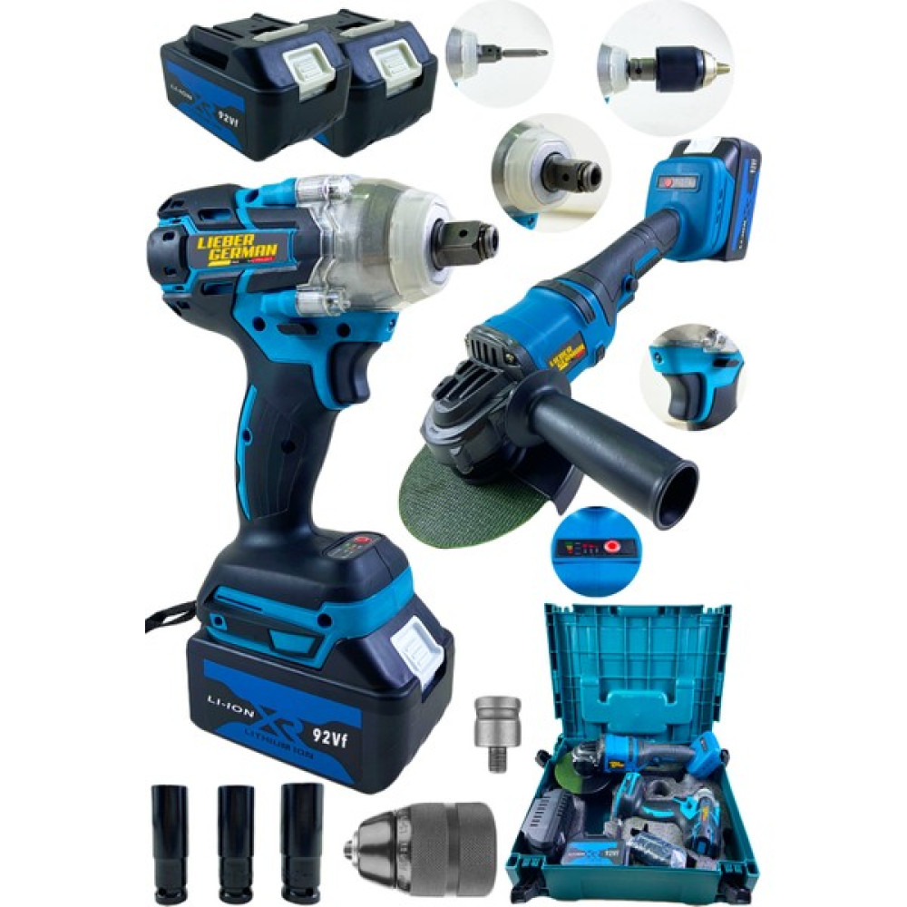Lieber German 92 Vf 10 Ah Brushless Kömürsüz Motor Şarlı Taşlama ve Akülü Bijon Somun Sökme Sıkma Makinası 2'li Set Taşlama Makinesi Fiyatı