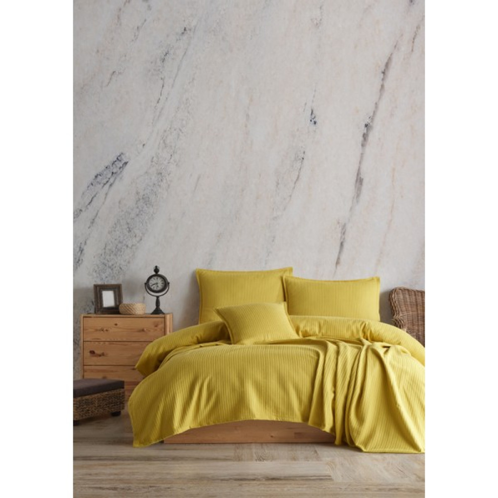 Lief Home Pamuklu Örgü Desenli Çok Amaçlı Yatak Örtüsü | 240X230 - Hardal - 240 x 230 cm Yatak Örtüsü Fiyatı