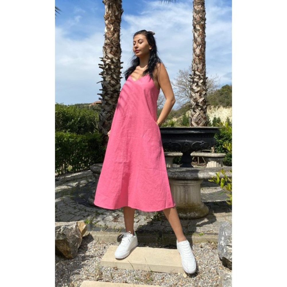 Lieta Boutique %100 Keten Kadın Pembe Elbise / Cepli / Doğa Dostu Sürdürülebilir Karışımsız Ham Keten Kumaş Elbise Fiyatı