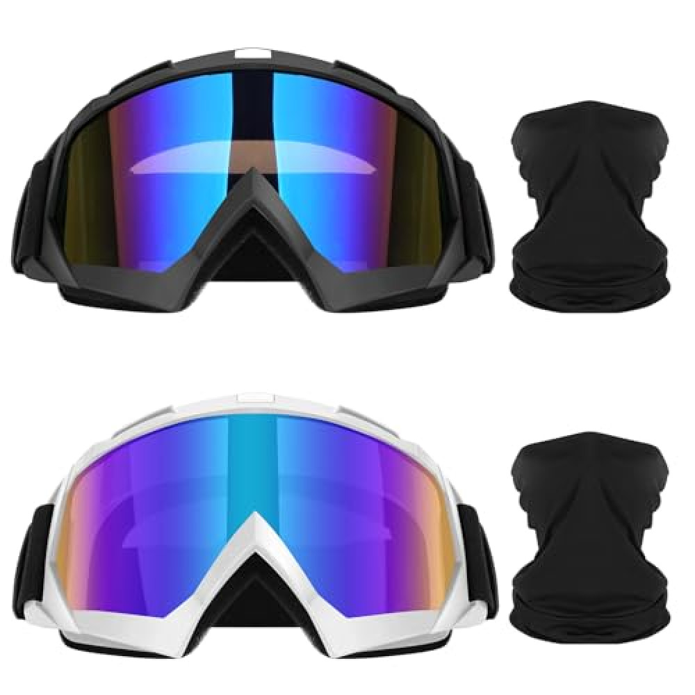 Lievermo Motorcycle Goggles Dirt Bike Goggles 2 Pack ATV Off-Road Riding Motocross Ski Goggles Windproof Glasses with Sun UV Protection Neck Gaiter Face Cover, Black+White