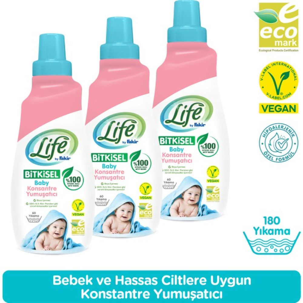 Life by Fakir %100 Bitkisel Bazlı Konsantre Bebek Çamaşır Yumuşatıcısı 1500 ml (60 Yıkama) 3 Adet Çamaşır Yıkama Fiyatı