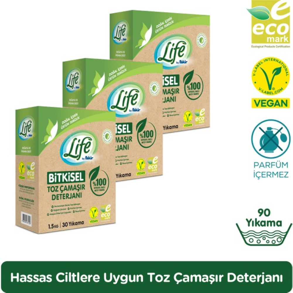 Life by Fakir %100 Bitkisel Bazlı Vegan Doğal Çamaşır Toz Deterjanı 1.5 kg x 3 Adet - 3 kg Çamaşır Deterjanı Fiyatı