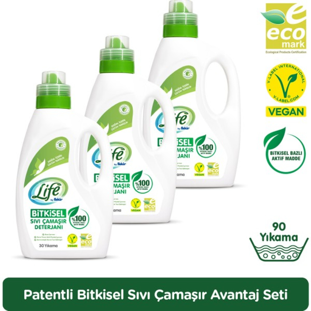 Life by Fakir %100 Bitkisel Bazlıvegan Sıvı Çamaşır Deterjanı (Renkliler ve BEYAZLAR)1500 ml (30 Yıkama) 3 Adet - 1,5 lt Çamaşır Deterjanı Fiyatı