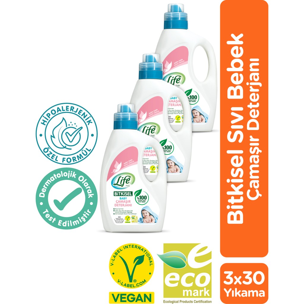 Life by Fakir Life Vegan Bitkisel Sıvı Bebek Çamaşır Deterjanı 1500 ml x 3 Hassas Ciltler İçin Özel Formül Çamaşır Deterjanı Fiyatı