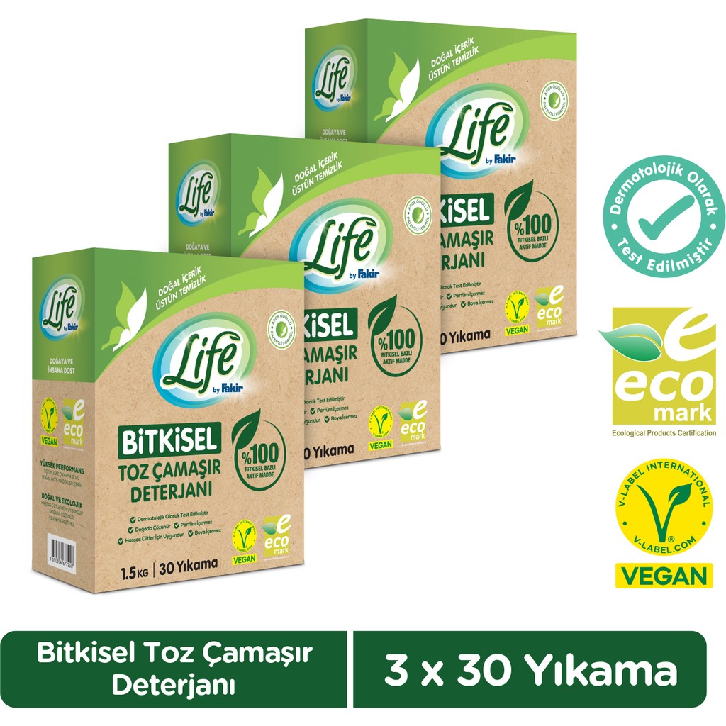 Life by Fakir Vegan Bitkisel Doğal Çamaşır Toz Deterjanı 1.5 kg x 3 Adet - 3 kg Çamaşır Deterjanı Fiyatı