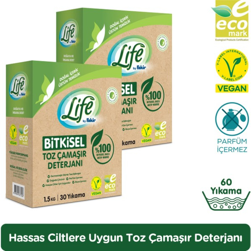 Life By Fakir Vegan Doğal Çamaşır Toz Deterjanı 30 Yıkama Renkli ve Beyazlar Için x 2 Adet Çamaşır Deterjanı Fiyatı