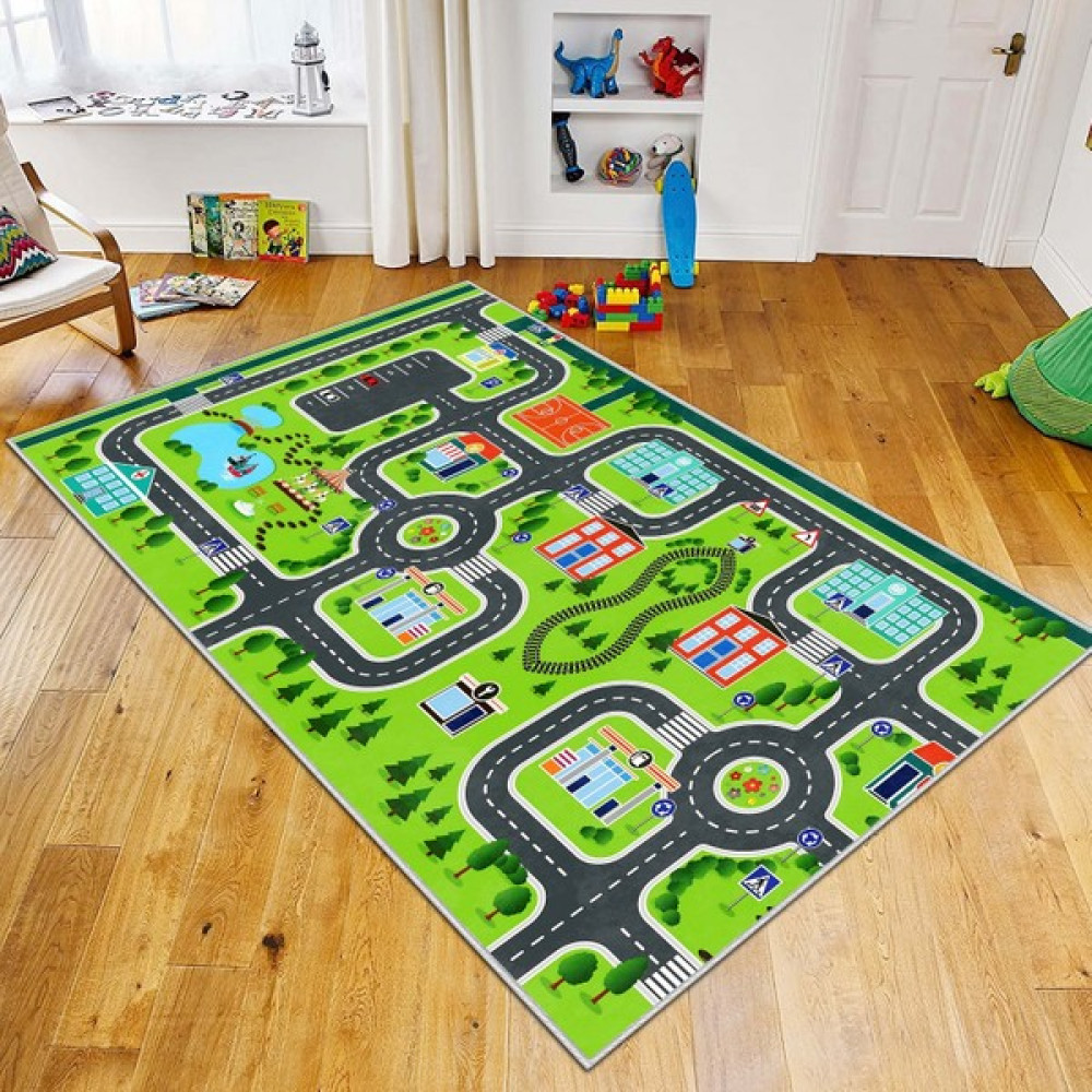 Life Decortiva Makinede Yıkanabilir Kaymaz Taban Leke Tutmaz Antialarjik Yol Desenli Çocuk Odası Halısı Oyun Matı - 40 x 60 cm - Yeşil Bebek Odası Halı Fiyatı