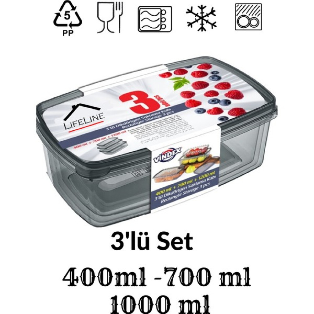 Life Line Dikdörtgen Sızdırmaz Gıda Erzak Saklama Kabı 3'lü Set 400 ml + 700 ml + 1000 ml Saklama Kapları Fiyatı