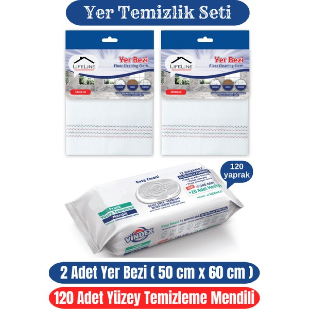 Life Line Yer Temizlik Seti 2 Adet Yer Bezi 50 cm x 60 cm 120 Adet Yüzey Temizlik Havlusu Mop Havlusu Parlatıcı ve Temizleyiciler Fiyatı