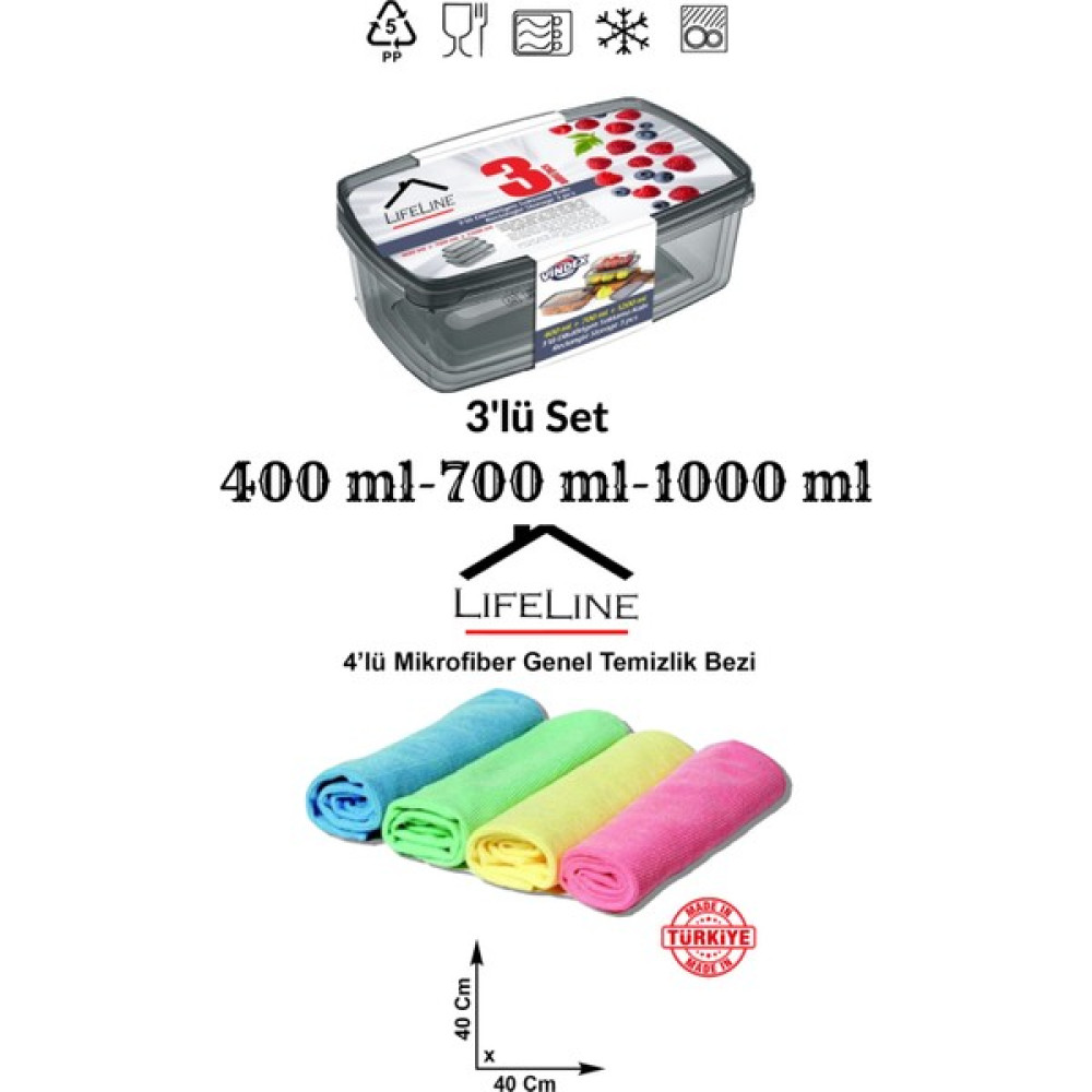 LifeLine 3'lü Saklama Kabı Set 400ML 700ML 1000ML 4'lü Mikrofiber Mutfak Bezi Genel Temizlik Bezi 40X40 cm Oto Boyaları Fiyatı