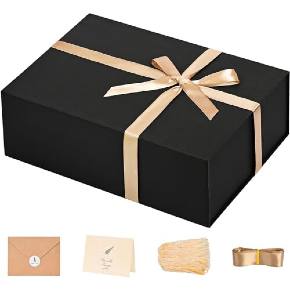 LIFELUM Gift Box 13''x10''x5'' Large Black Gift Boxes with Magnetic Lids Luxury Birthday Box for Gifts Groomsman Proposal Contains Card, Ribbon, Filler Mother's Day Gift Packging