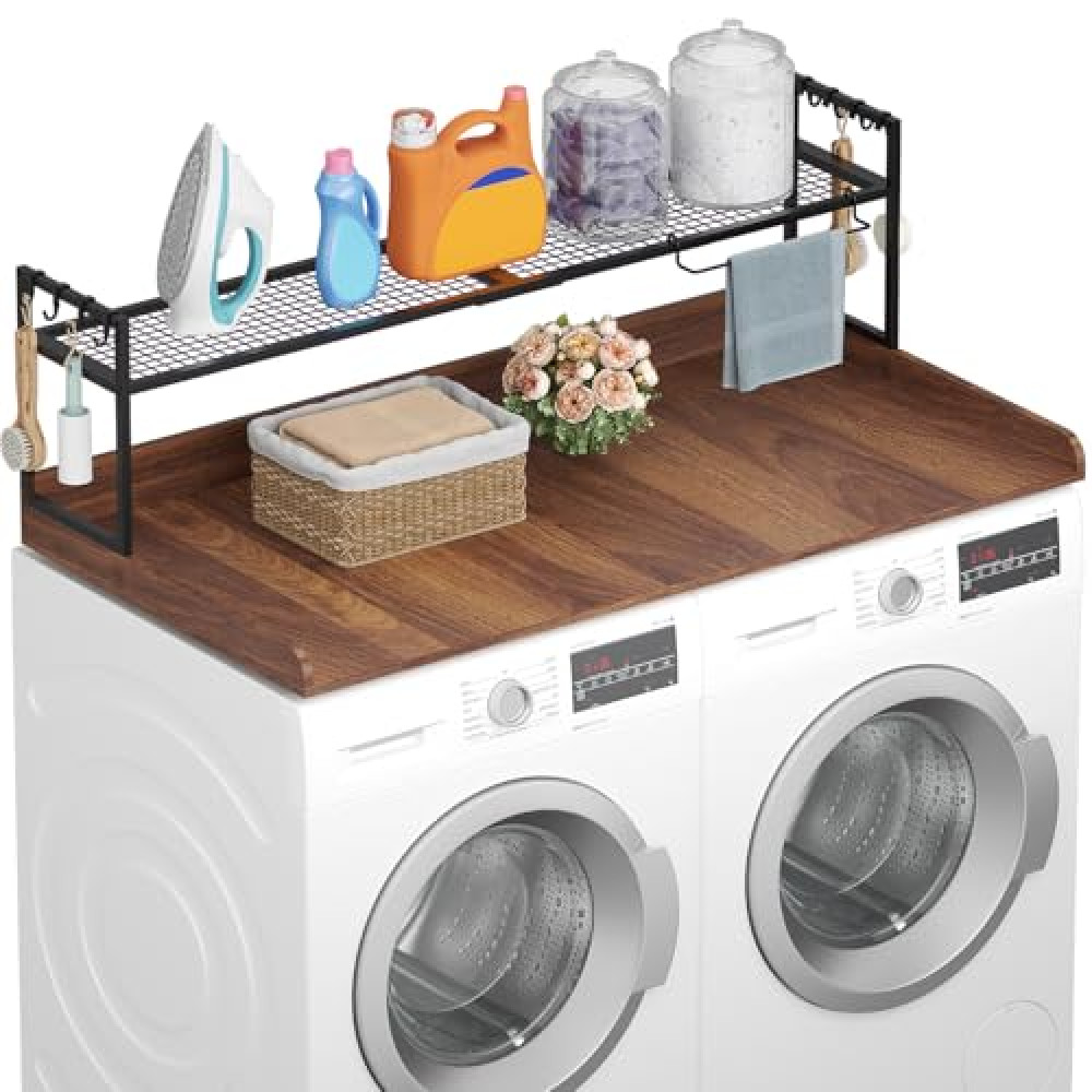 Lifewit Washer Dryer Countertop with Adjustable Shelf, Melamine Cover for The Top with Edge Rails, Towel Rack, 8 Hooks, Laundry Room Storage and Organization, 54" x 27.5", Splice Type, Walnut