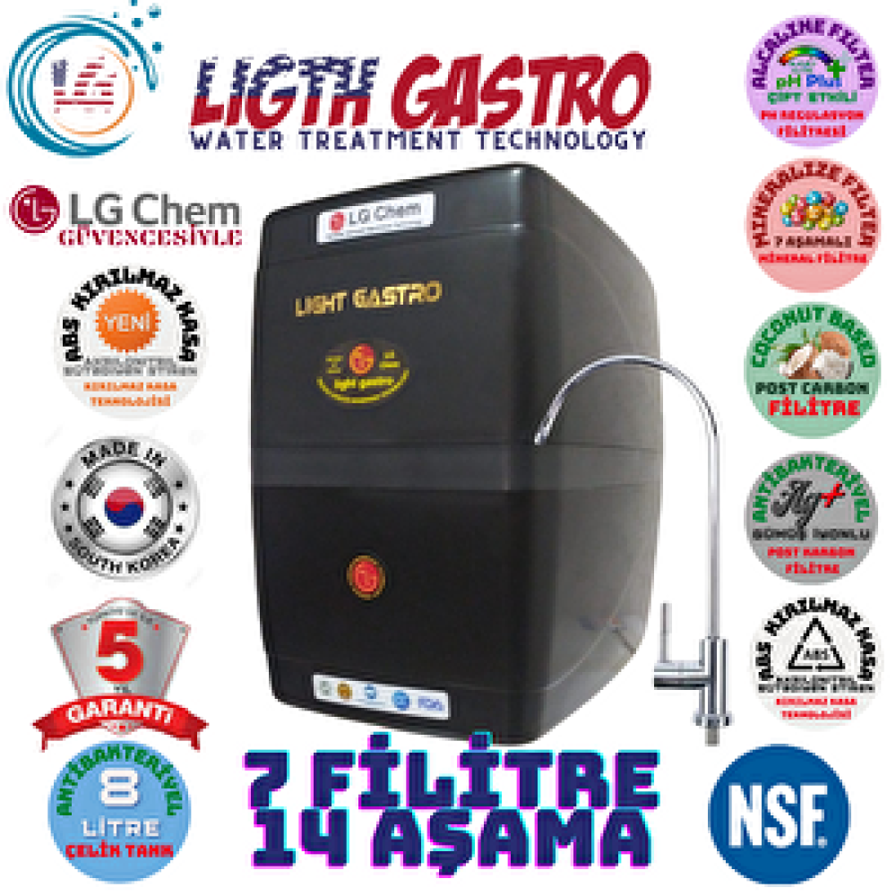 Light Gastro Gümüş İyonlu Tatlandırıcılı 7 Mineralli Çift Alkalili 14 Aşama 7 Filitre 8 Litrelik Su Arıtma Cihazı Su Arıtma Cihazı Fiyatı