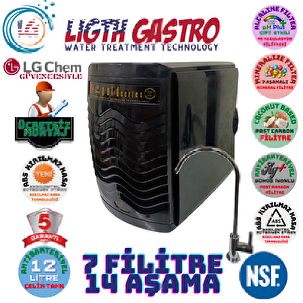Light Gastro Li̇ght Gastro Gümüş İyonlu Tatlandiricili Çi̇ft Alkali̇li̇ 7 Mi̇neralli̇ 7 Fi̇li̇tre 14 Aşamali Kirilmaz Kasali Su Aritma Ci̇hazi. Su Arıtma Cihazı Fiyatı