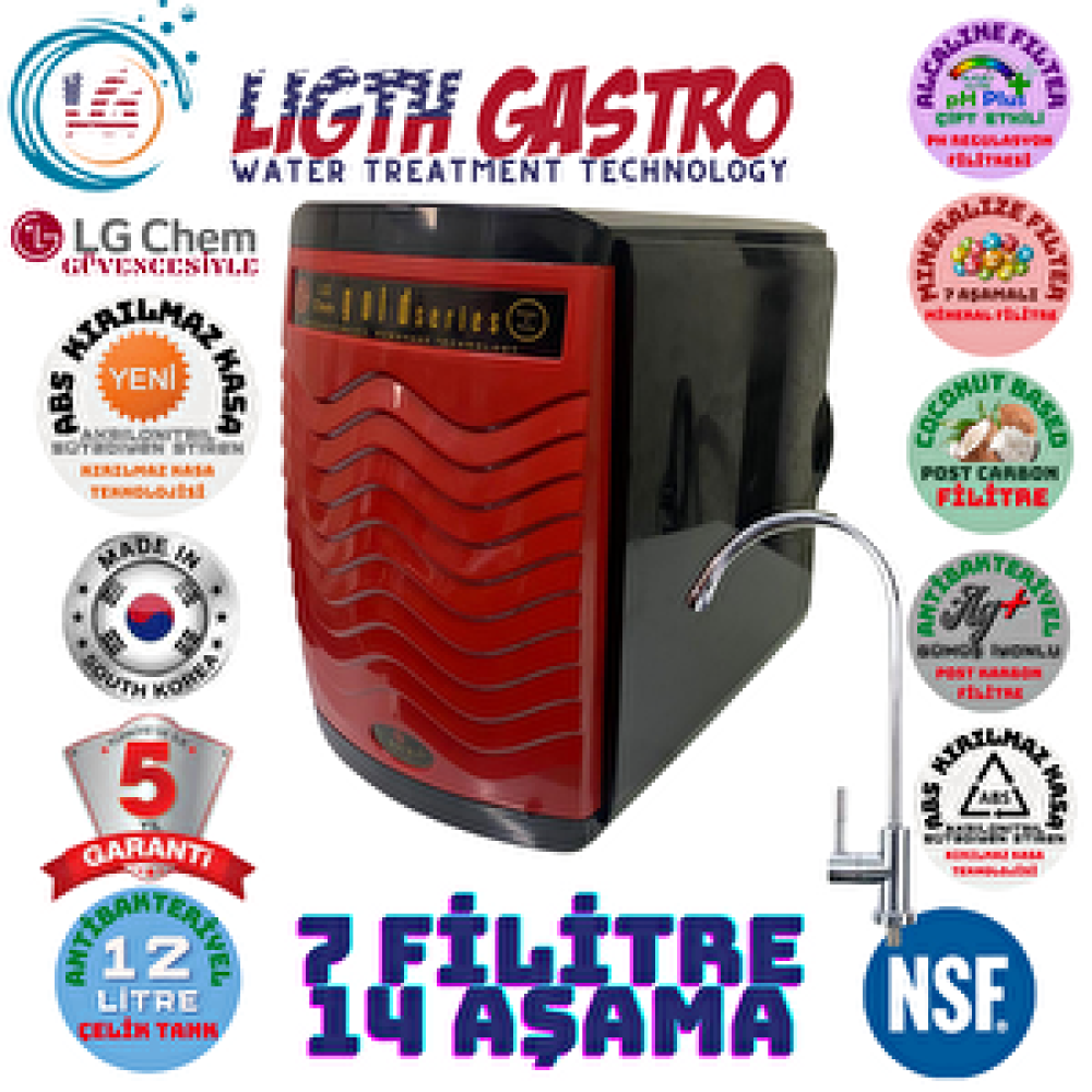 Light Gastro Li̇ght Gastro Kirmizi Renk.gümüş İyonlu Tatlandiricili. Alkali̇ Ve Mi̇neral Fi̇li̇treli̇ 12 Li̇tre 7 Fi̇li̇tre 14 Aşama Kapali Kasa Su Aritma Ci̇hazi Su Arıtma Cihazı Fiyatı