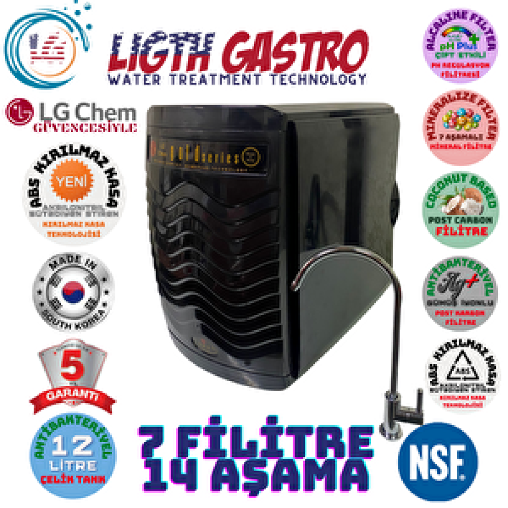 Light Gastro Li̇ght Gastro Si̇yah Renk.gümüş İyonlu Tatlandiricili. Alkali̇ Ve Mi̇neral Fi̇li̇treli̇ 12 Li̇tre 7 Fi̇li̇tre 14 Aşama Kapali Kasa Su Aritma Ci̇hazi. Su Arıtma Cihazı Fiyatı