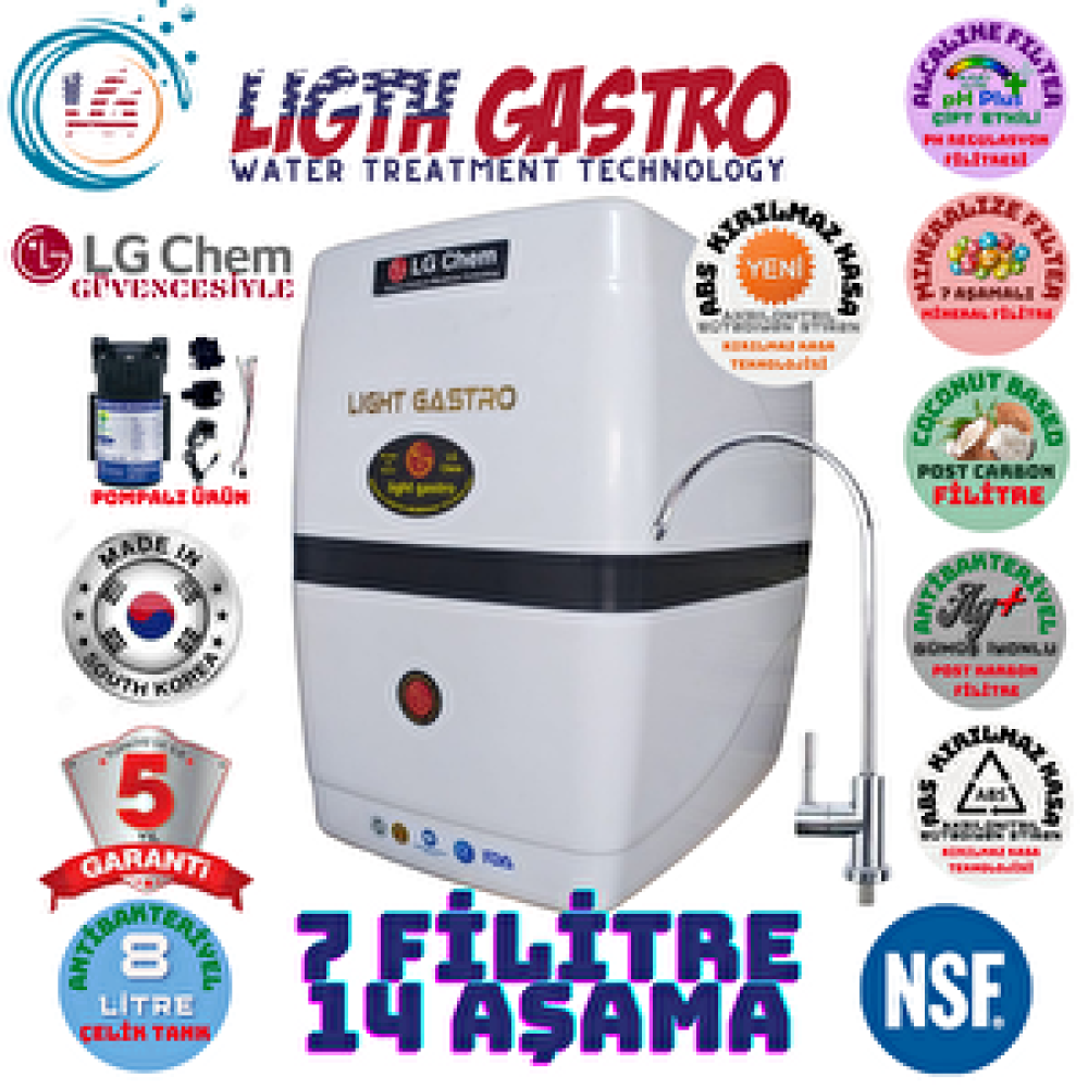 Light Gastro Pompalı .gümüş İyonlu Tatlandırıcılı. Alkali Ve Mineral Filitreli. 14 Aşama Su Arıtma Cihazı. Su Arıtma Cihazı Fiyatı