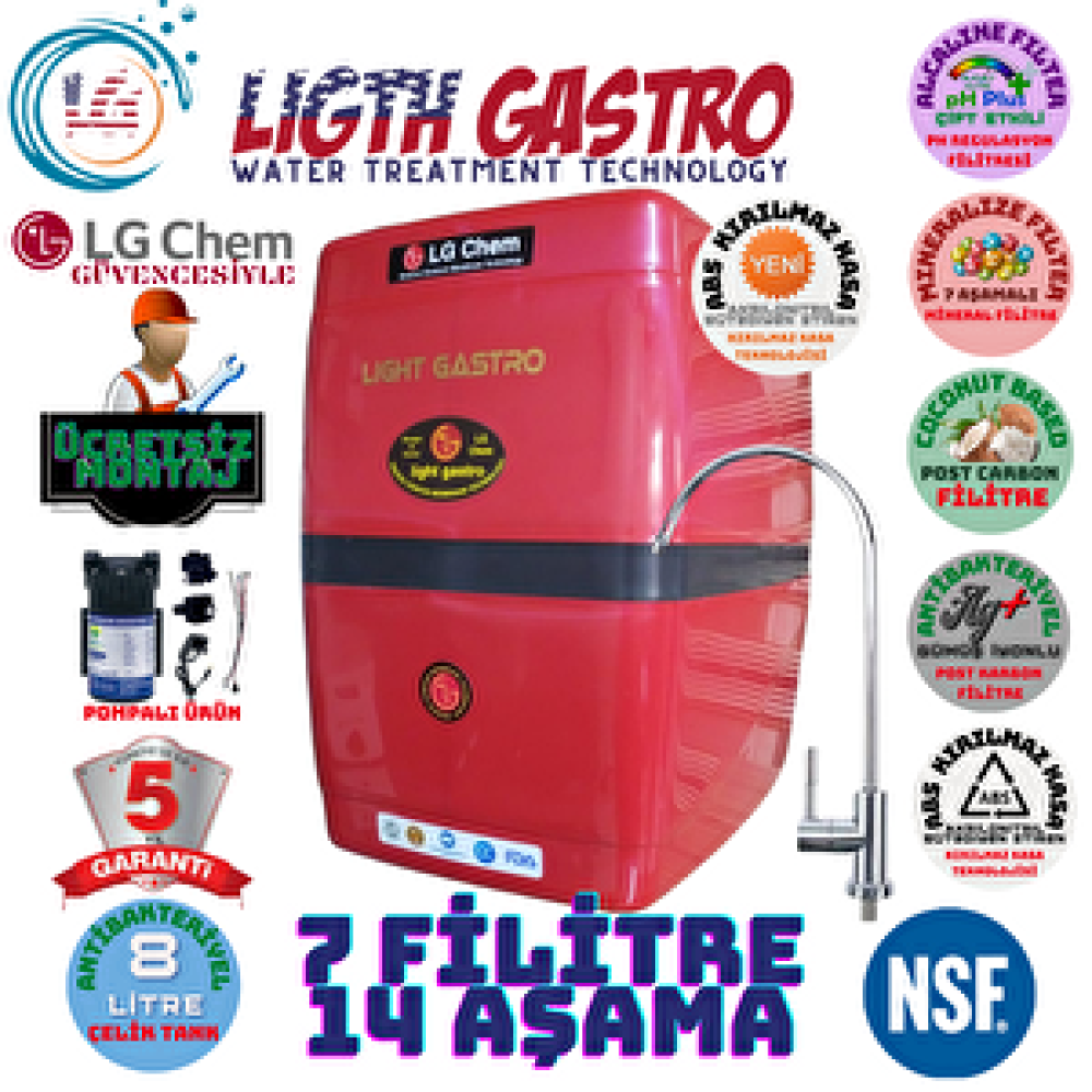 Light Gastro Pompalı Montaj Dahil Gümüş İyonlu Tatlandırıcılı Alkali Ve Mineral Filitreli 14 Aşama Su Arıtma Cihazı Su Arıtma Cihazı Fiyatı