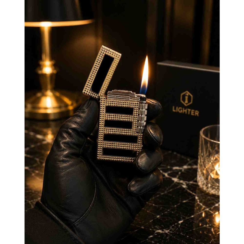 Lighter Lıghter Kutulu Taş Desenli Metal Jet Çakmak – Premium Gold Siyah Şık Tasarım Çakmak Fiyatı