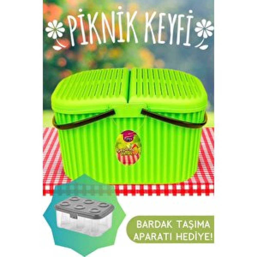 LİGROUND 30 Litre Renkli Büyük Kulplu Kapaklı Piknik Sepeti Çay Bardağı Taşıma Kutusu Hediye! Diğer Fiyatı