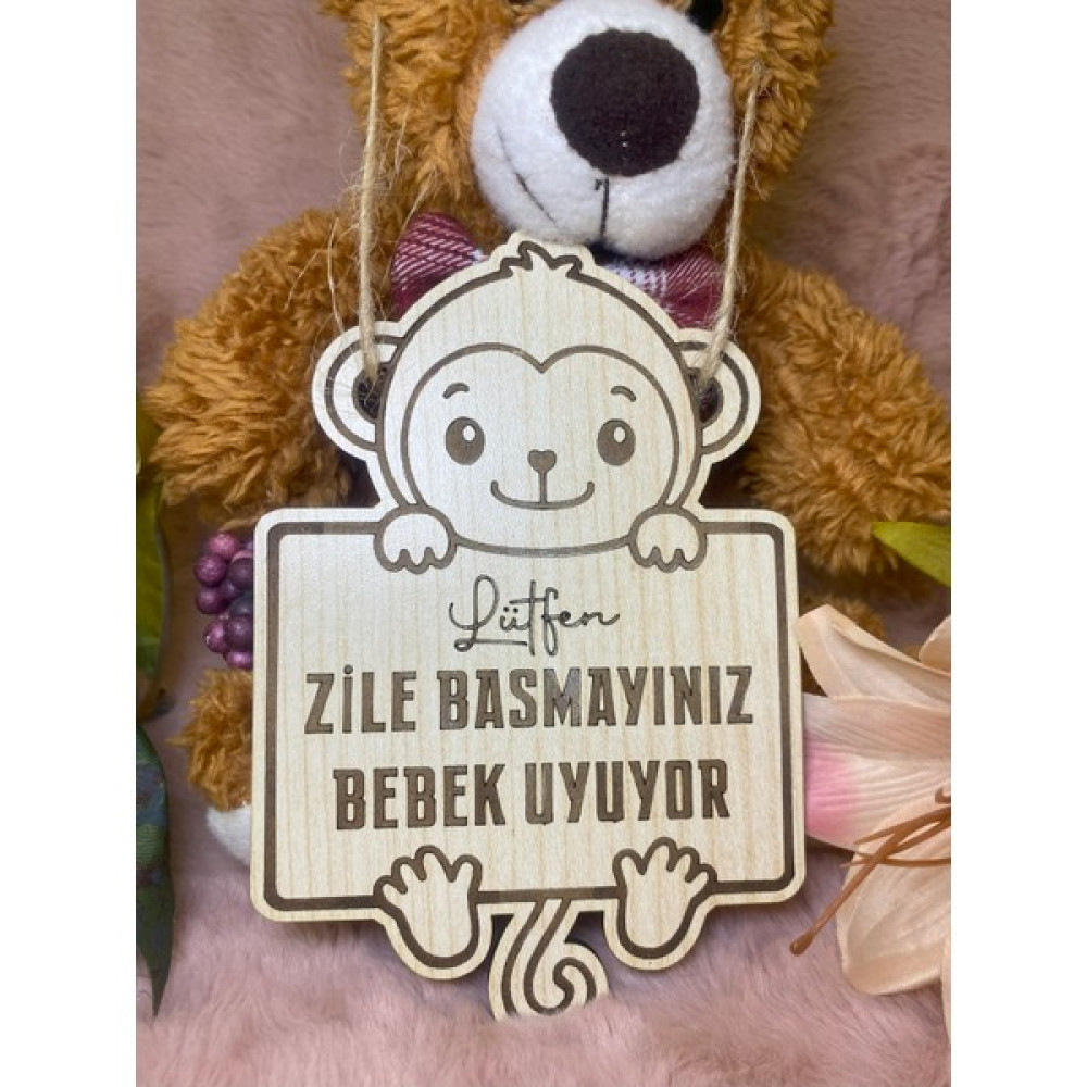 Liko Studio Zile Basmayınız Bebek Uyuyor Uyarı Tabelası Kartı Levhası Maymun Ahşap Lütfen Sessiz Çocuk Dış Kapı Anne, Bebek Fiyatı