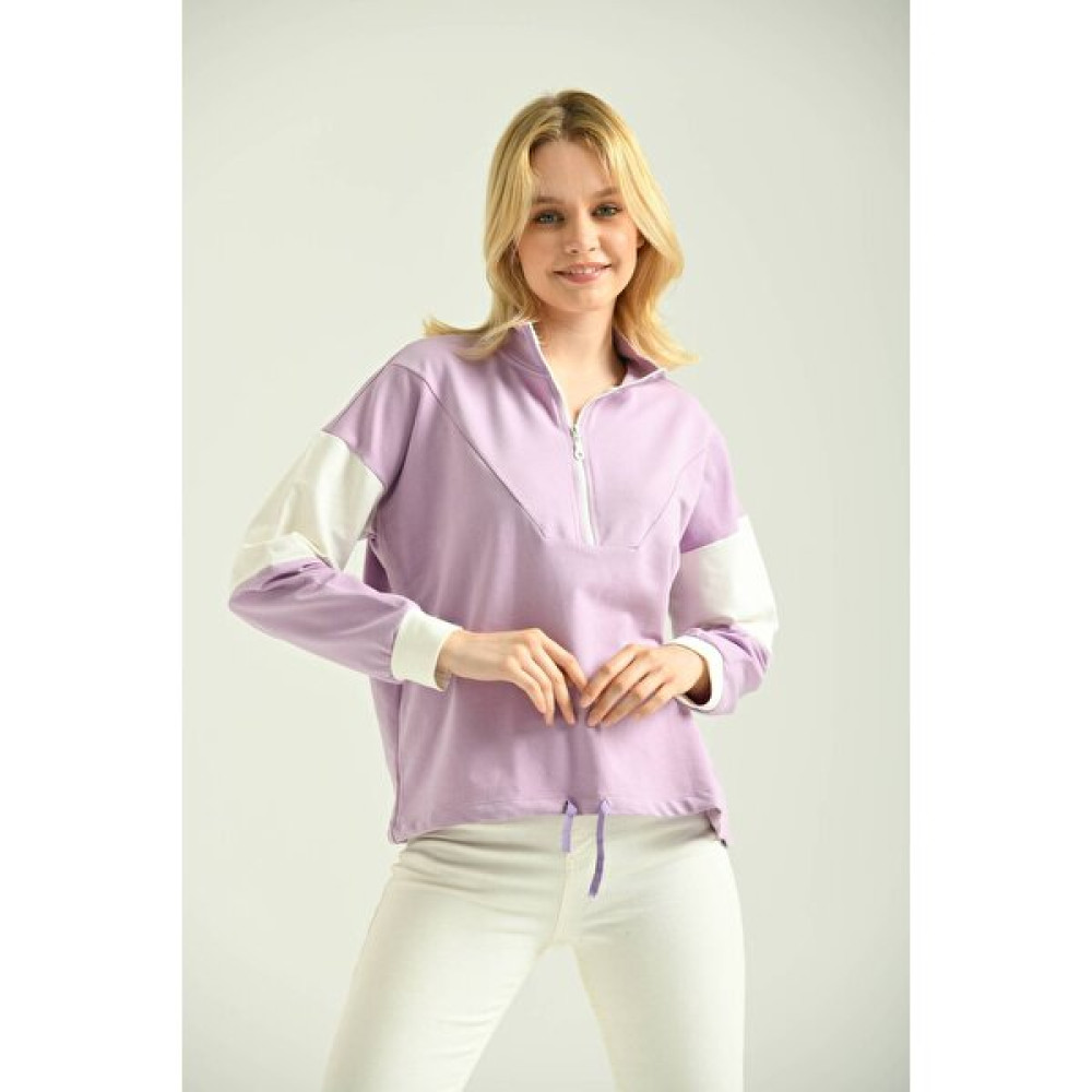 Lila Fermuarlı Basic Örme Renk Bloklu Ince Sweatshirt  Bayan Sweatshirt Fiyatı